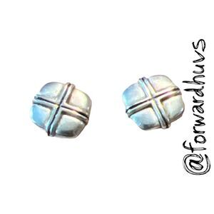 Square Silver Tine Clip On Earrings with Raised Cross Pattern
